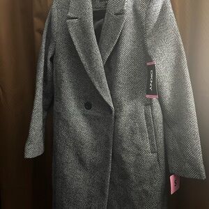 DKNY Women's Black and White Herringbone Trench Coat